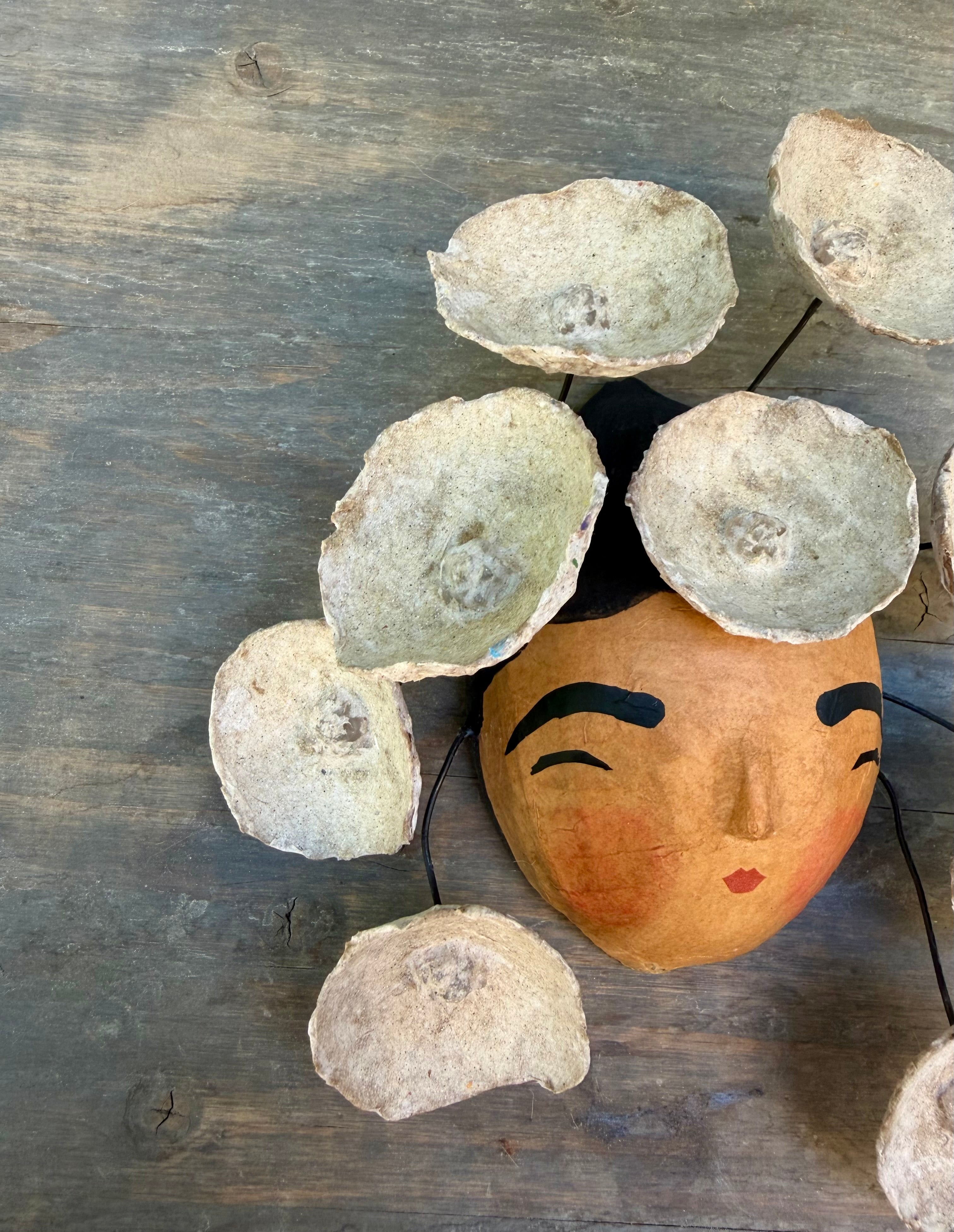 La Sandra Floral Coconut Mask, Mexican Folk Art Wall Hanging, Hand Painted Flowers