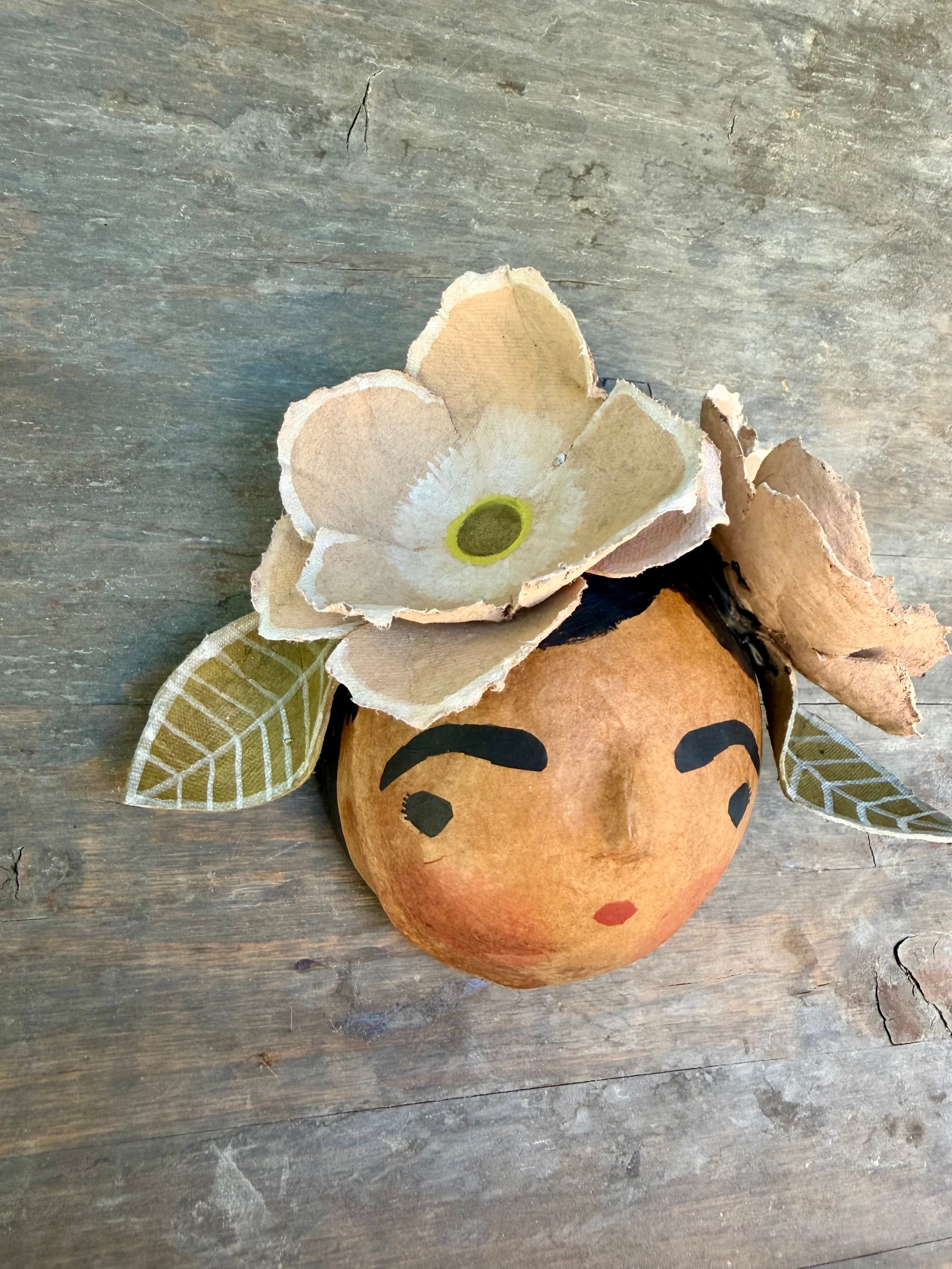 La Sandra Floral Coconut Mask, Mexican Folk Art Wall Hanging, Hand Painted Flowers