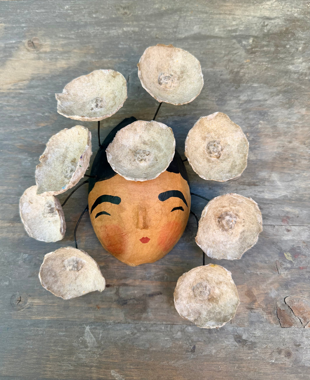 La Sandra Floral Coconut Mask, Mexican Folk Art Wall Hanging, Hand Painted Flowers