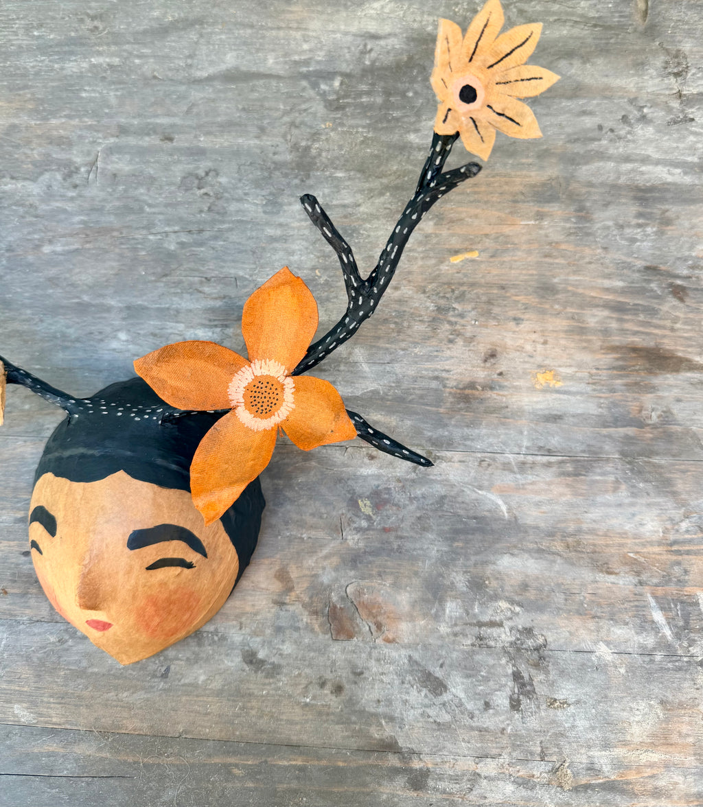 La Sandra Floral Coconut Mask, Mexican Folk Art Wall Hanging, Hand Painted Flowers