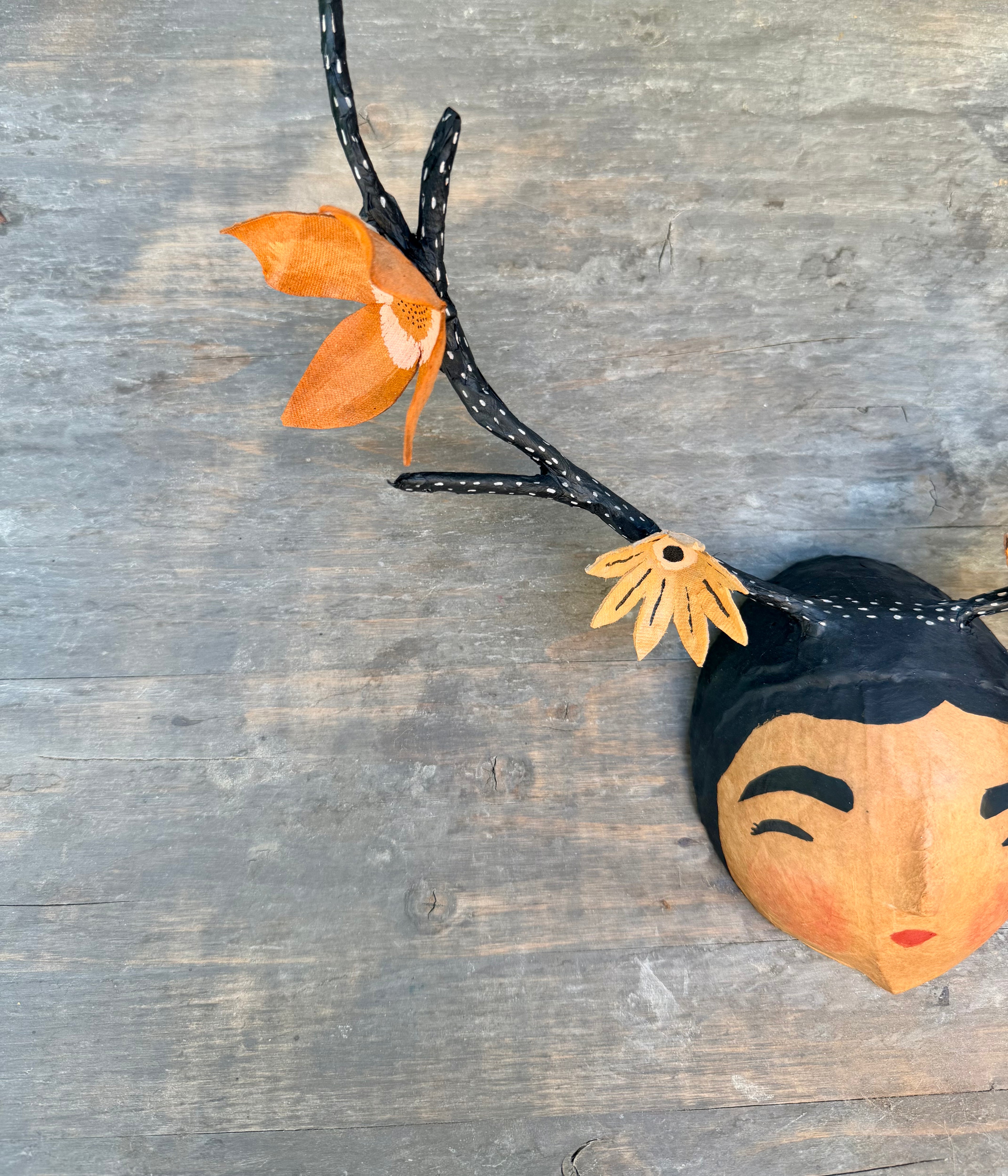La Sandra Floral Coconut Mask, Mexican Folk Art Wall Hanging, Hand Painted Flowers