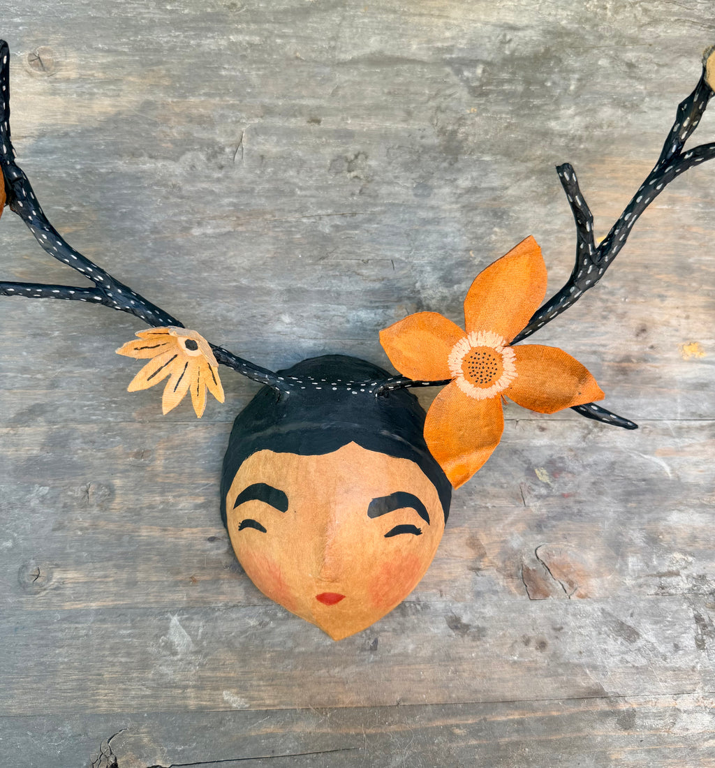 La Sandra Floral Coconut Mask, Mexican Folk Art Wall Hanging, Hand Painted Flowers