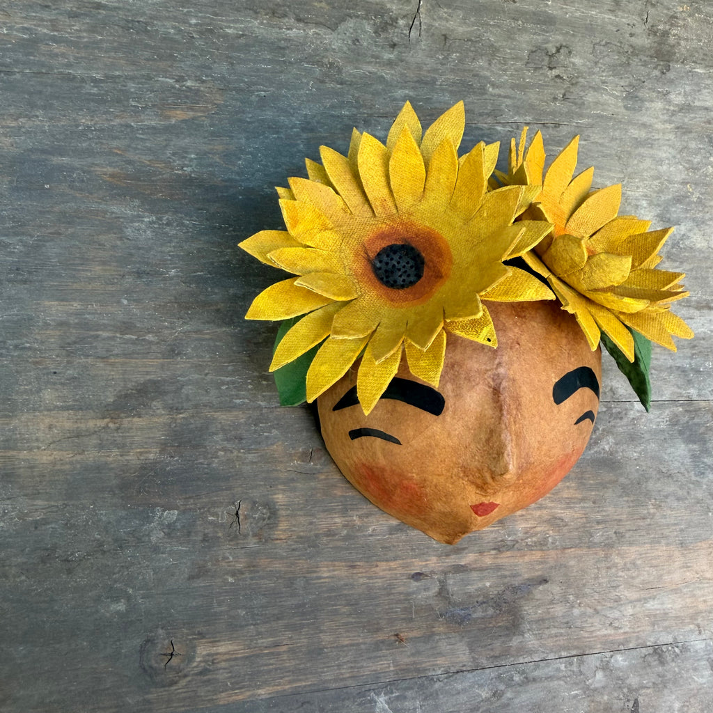 La Sandra Floral Coconut Mask, Mexican Folk Art Wall Hanging, Hand Painted Flowers