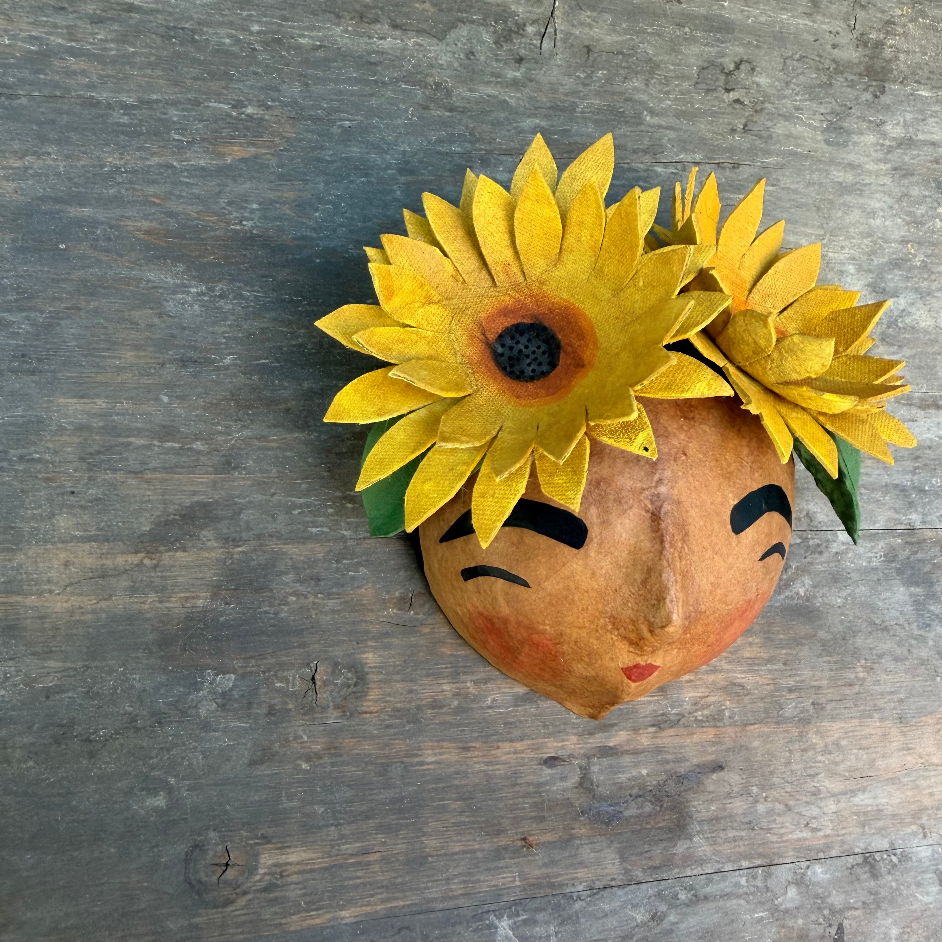 La Sandra Floral Coconut Mask, Mexican Folk Art Wall Hanging, Hand Painted Flowers
