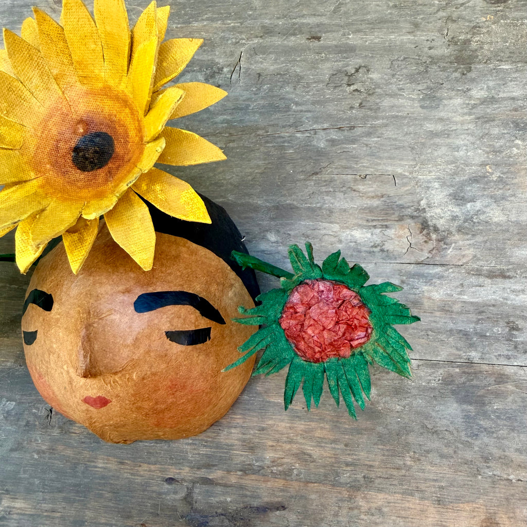 La Sandra Floral Coconut Mask, Mexican Folk Art Wall Hanging, Hand Painted Flowers