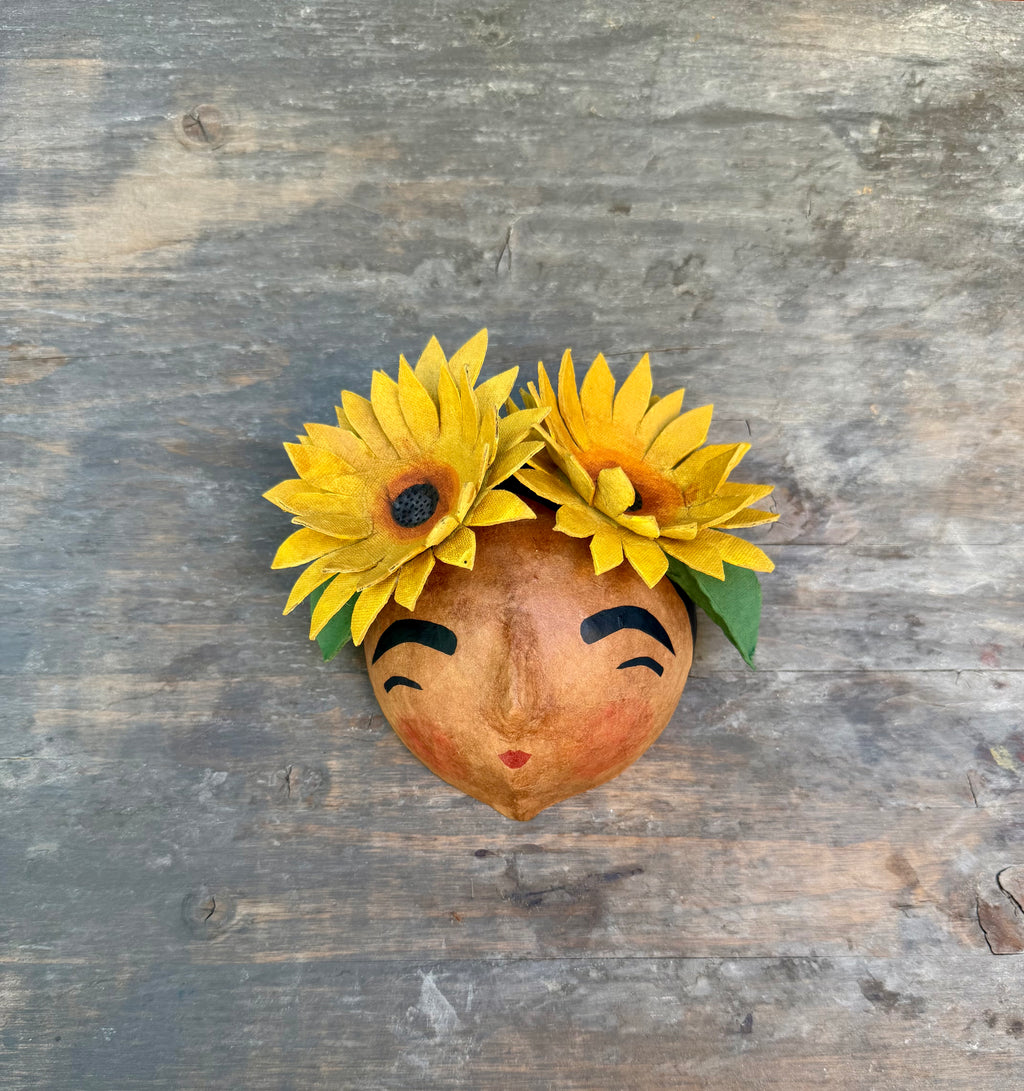 La Sandra Floral Coconut Mask, Mexican Folk Art Wall Hanging, Hand Painted Flowers