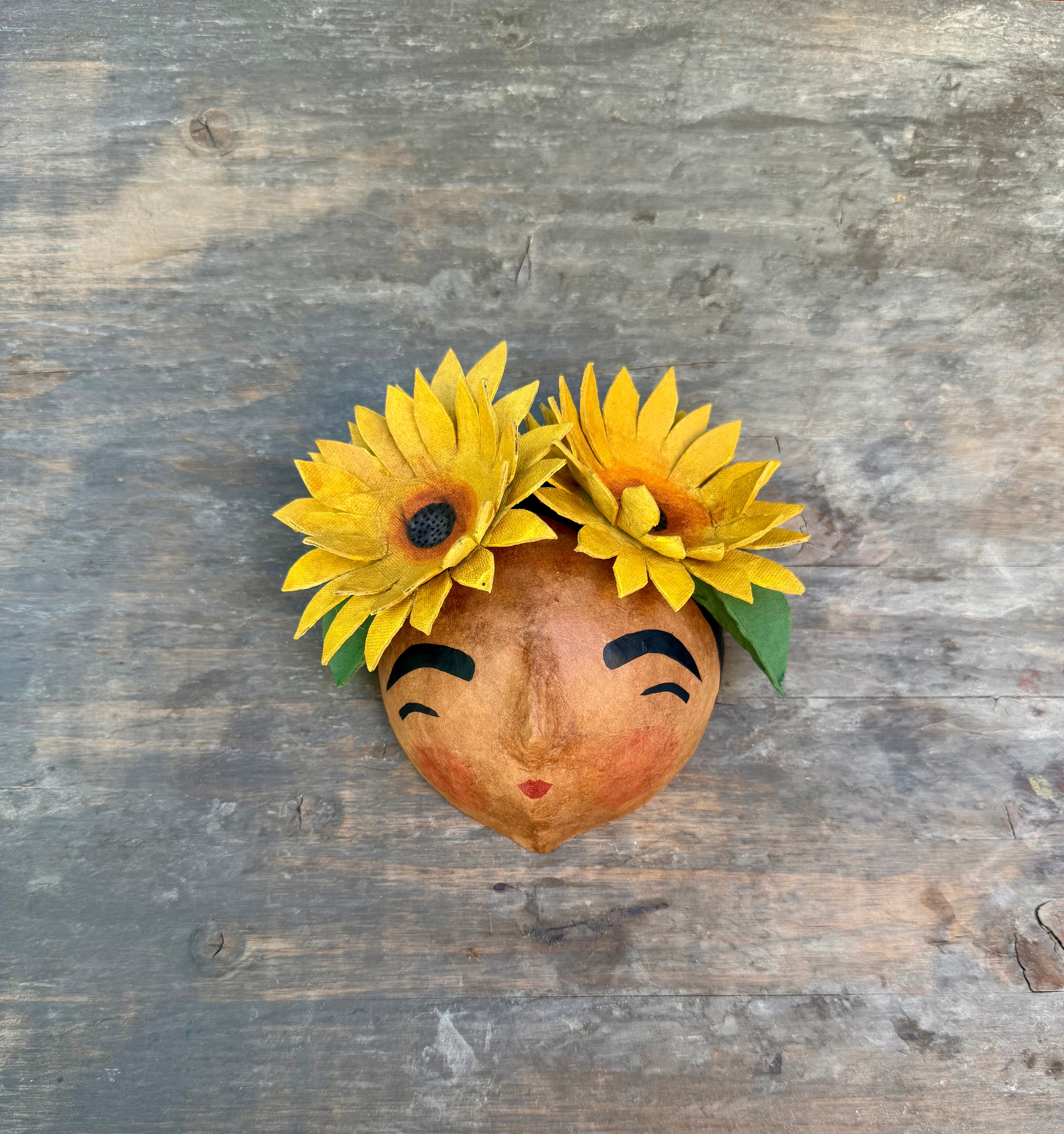 La Sandra Floral Coconut Mask, Mexican Folk Art Wall Hanging, Hand Painted Flowers