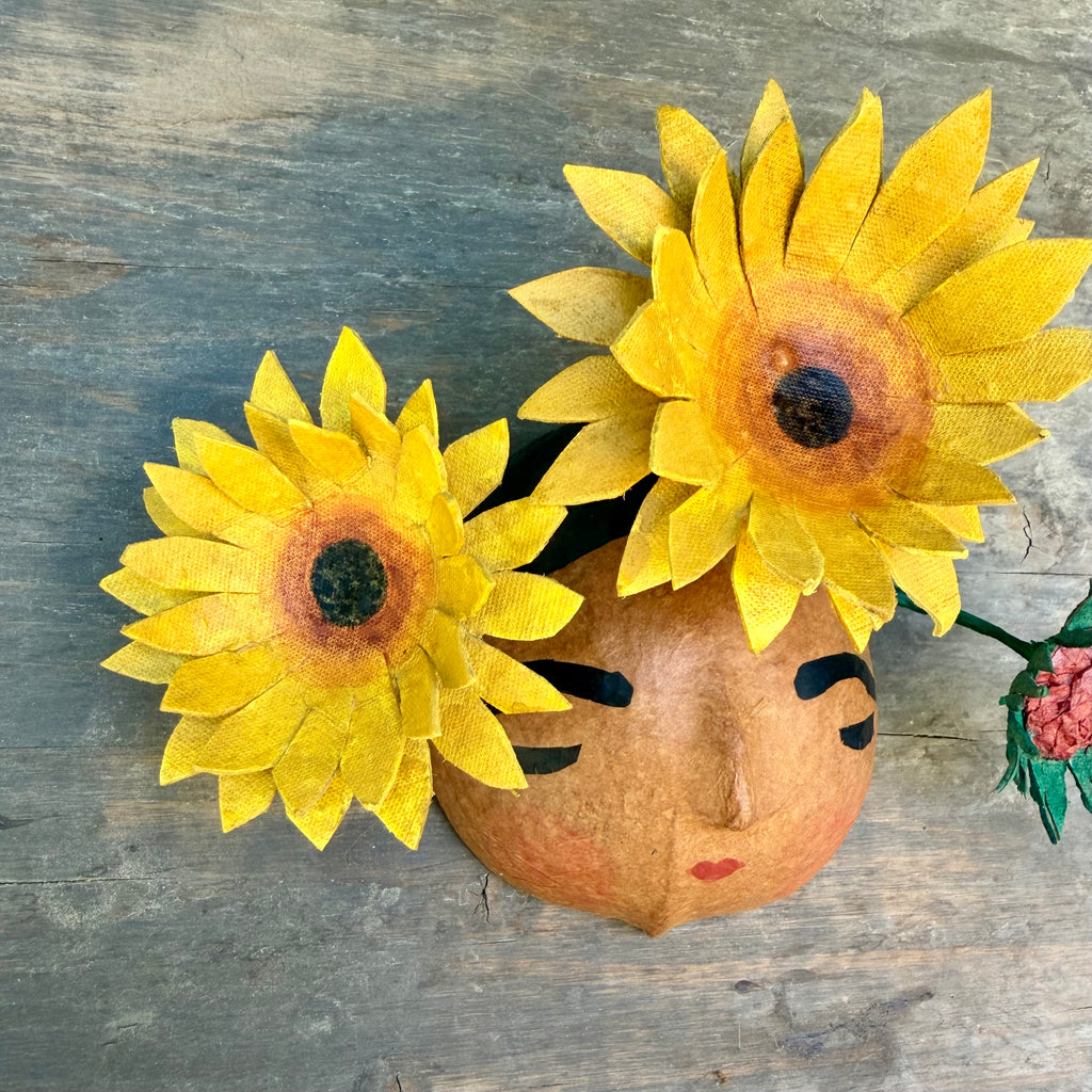 La Sandra Floral Coconut Mask, Mexican Folk Art Wall Hanging, Hand Painted Flowers