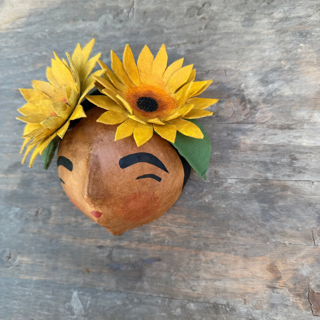 La Sandra Floral Coconut Mask, Mexican Folk Art Wall Hanging, Hand Painted Flowers