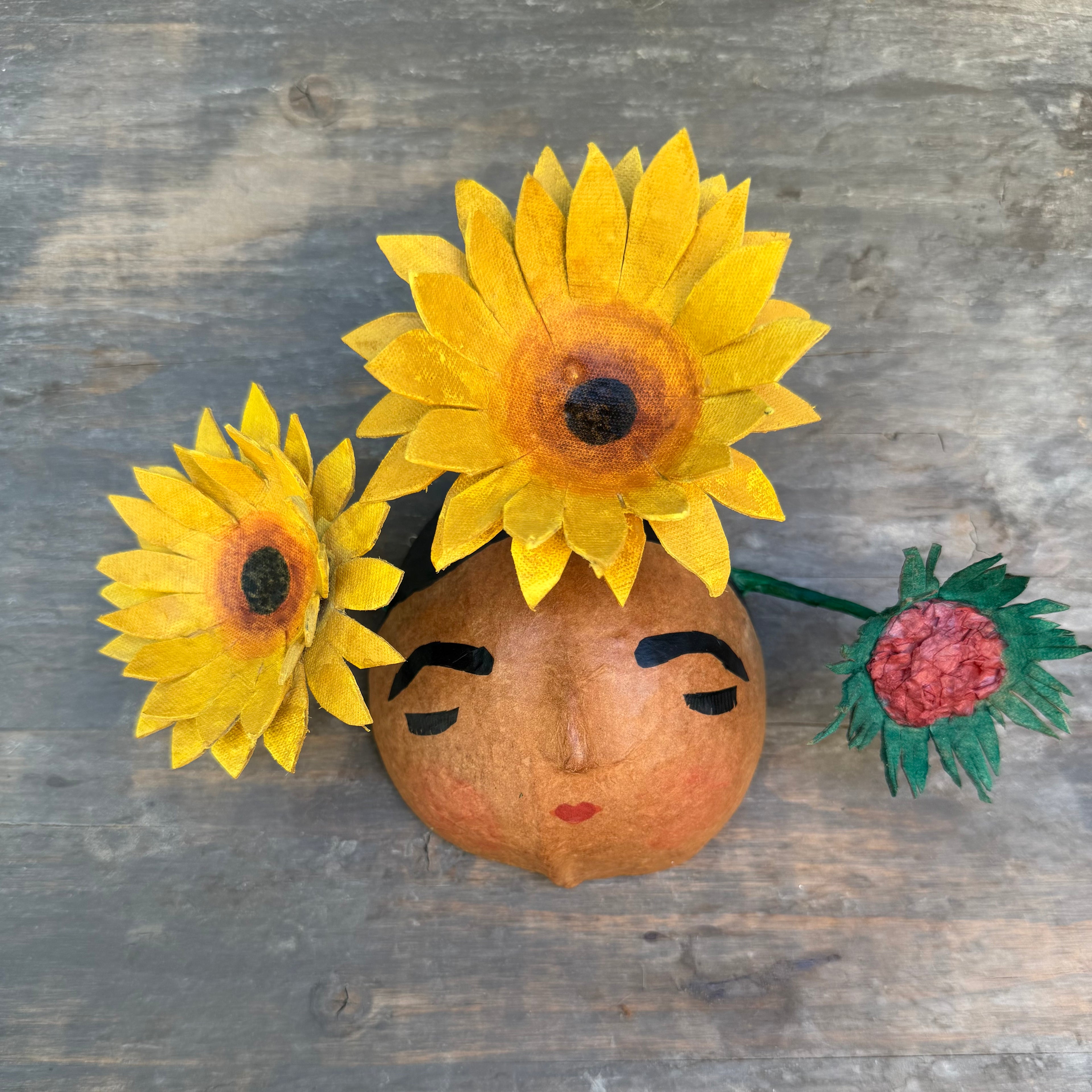La Sandra Floral Coconut Mask, Mexican Folk Art Wall Hanging, Hand Painted Flowers